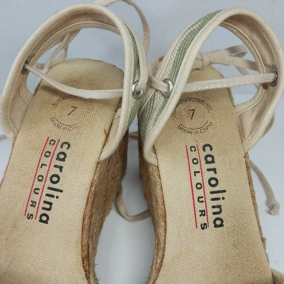 Carolina Colours Size 7 Tan Green Espadrille Wedge Y2K Tie Ankles Sandals Shoes - Picture 10 of 12